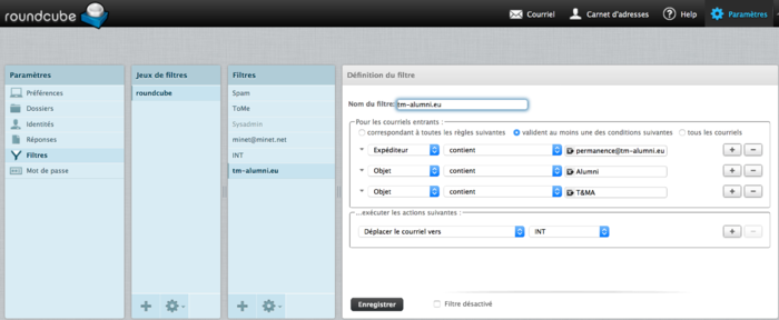 Roundcube - Filtres des emails
