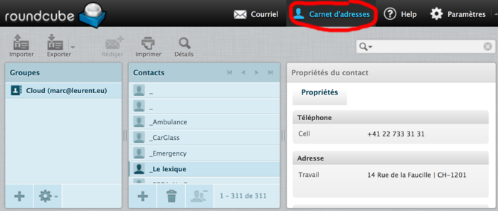 Roundcube - Carnet D'adresse du Cloud Leurent